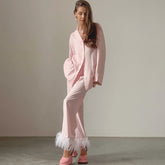 Lockerer Pyjama aus Satin mit Federn und langen Ärmeln, zweiteilig, für Zuhause